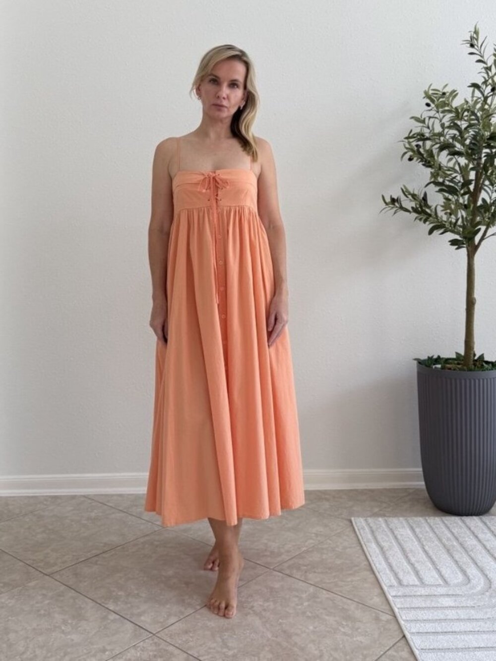Stitchdrop Coral Cotton Maxi Dress Size S Smocked Lace Up Boho Cottagecore